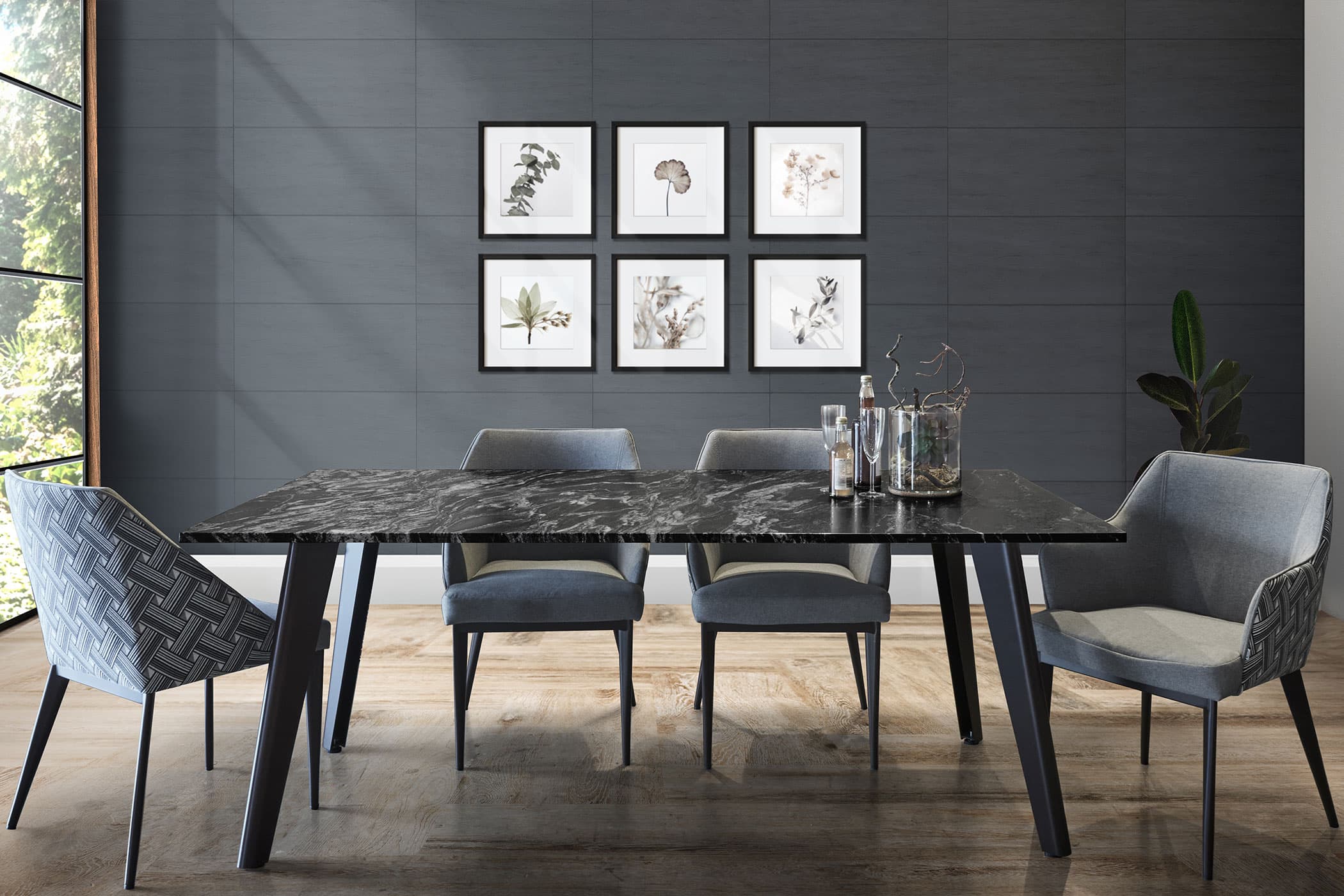SharpBlack Beauty Granite Dining Table 1.6m With 4 Henry Dining Chairs